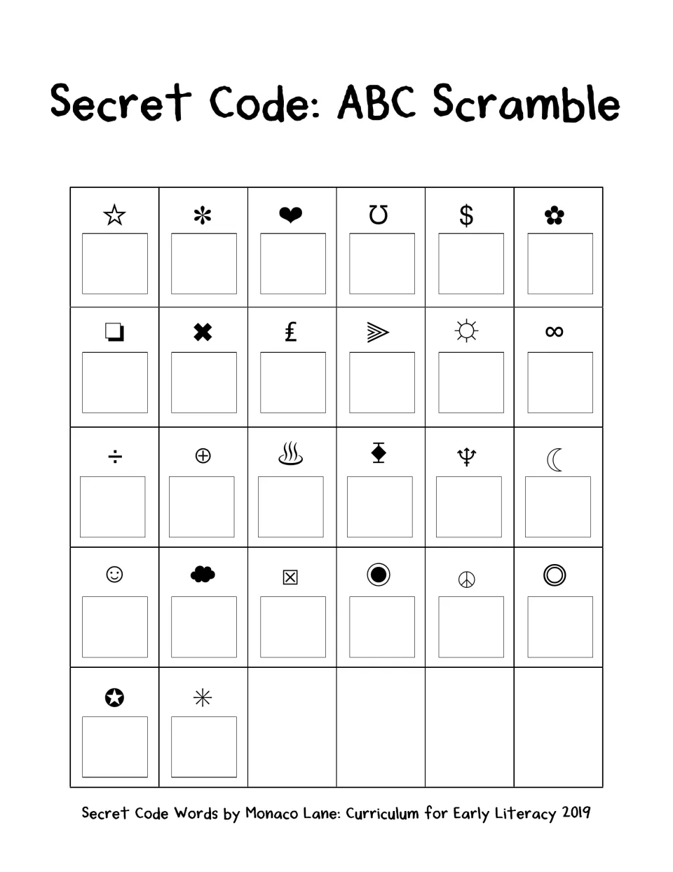 ABC scramble: students write the letter for each of 26 mixed-up symbols, practicing letter recognition with the key