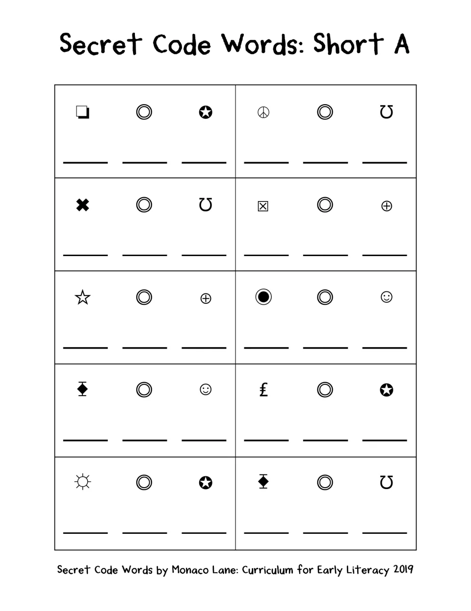 Short A decoding: students use the symbol key to spell 10 CVC words, such as jam, cap and bat, writing one letter per line
