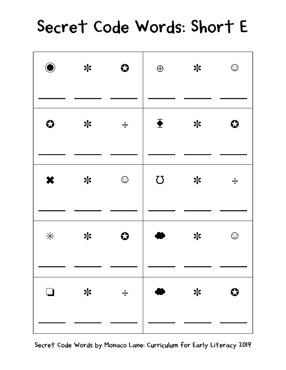Short E decoding: students translate symbols into 10 three-letter words like bed, jet and hen and write each letter below