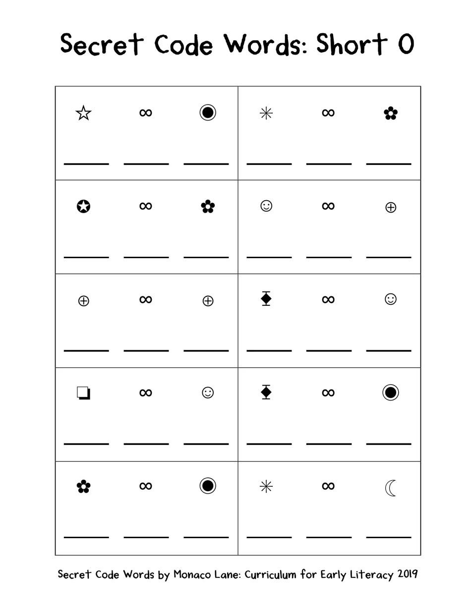 Short O puzzles: students decode 10 symbol words like dog, fox and hot and write the matching letters underneath