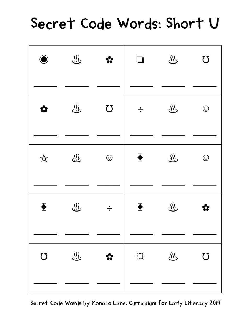 Short U decoding: students turn 10 symbol sets into words such as bug, gum and nut, one letter on each line