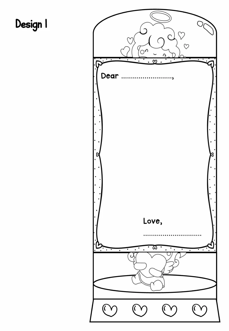 Design 1 foldable card: students write a Dear/Love note below a peeking cupid, then color, cut and fold it closed