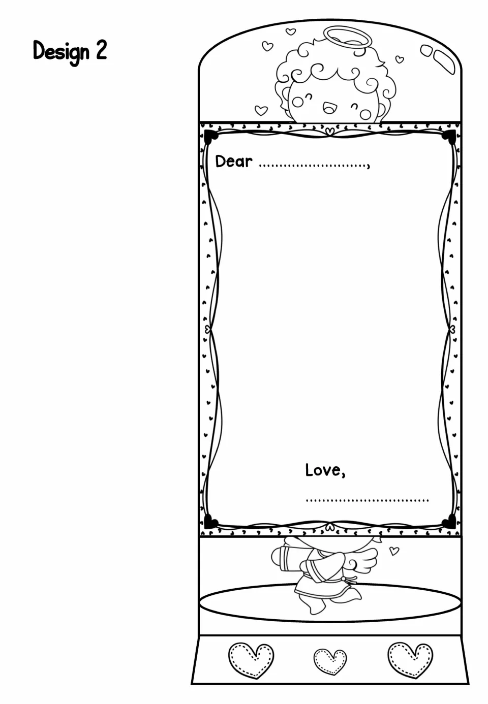 Design 2 foldable card: a laughing cupid tops the Dear/Love note space; students write, color, cut and fold it