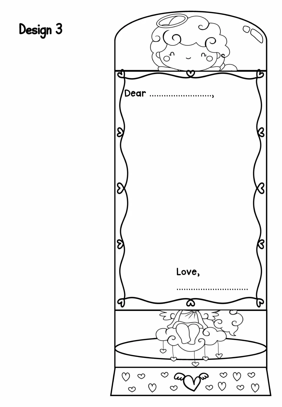 Design 3 foldable card: cupid on a cloud dangling hearts below the Dear/Love note, with a winged heart along the base