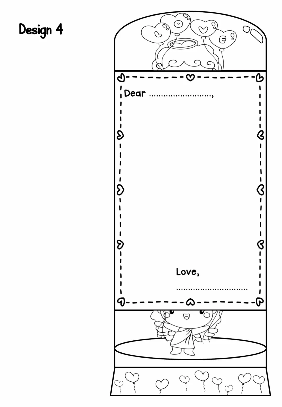 Design 4 foldable card: cupid holding LOVE heart balloons above the Dear/Love note space, heart balloons along the base