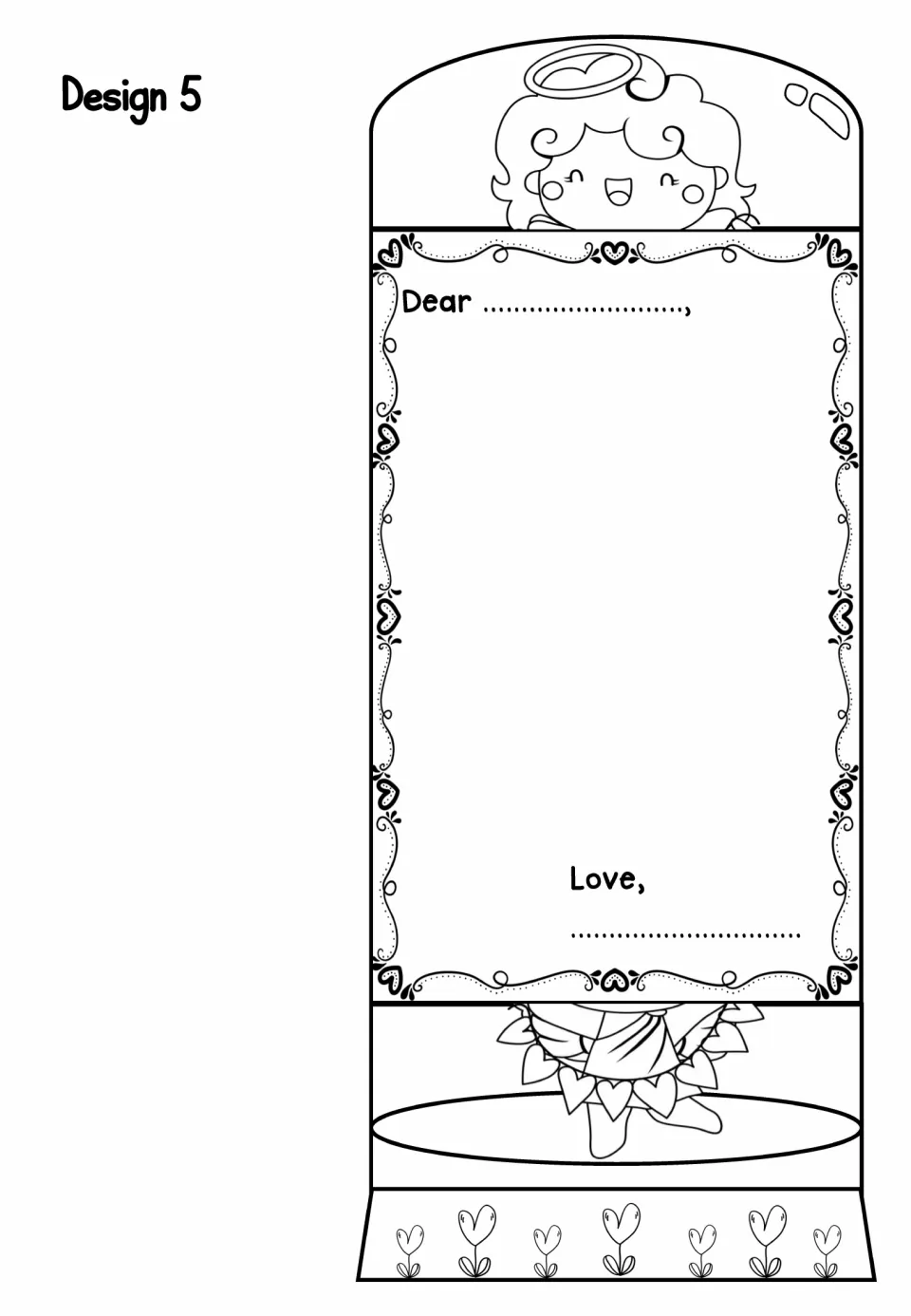 Design 5 foldable card: grinning cupid wearing a heart garland, Dear/Love note space and heart flowers at the base
