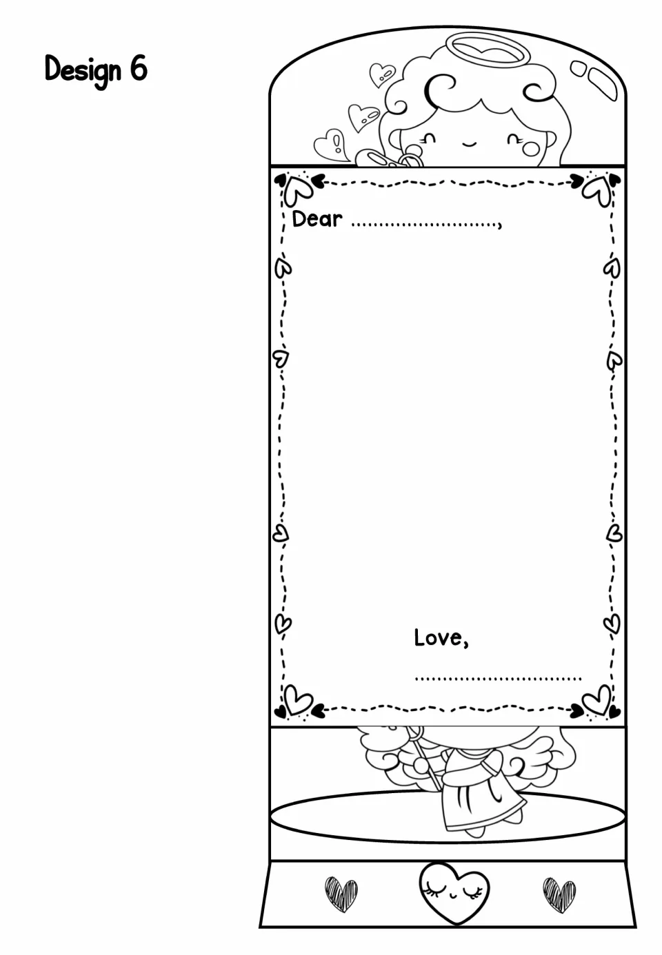 Design 6 foldable card: cupid with a heart arrow and speech hearts, Dear/Love note space and a sleepy heart at the base