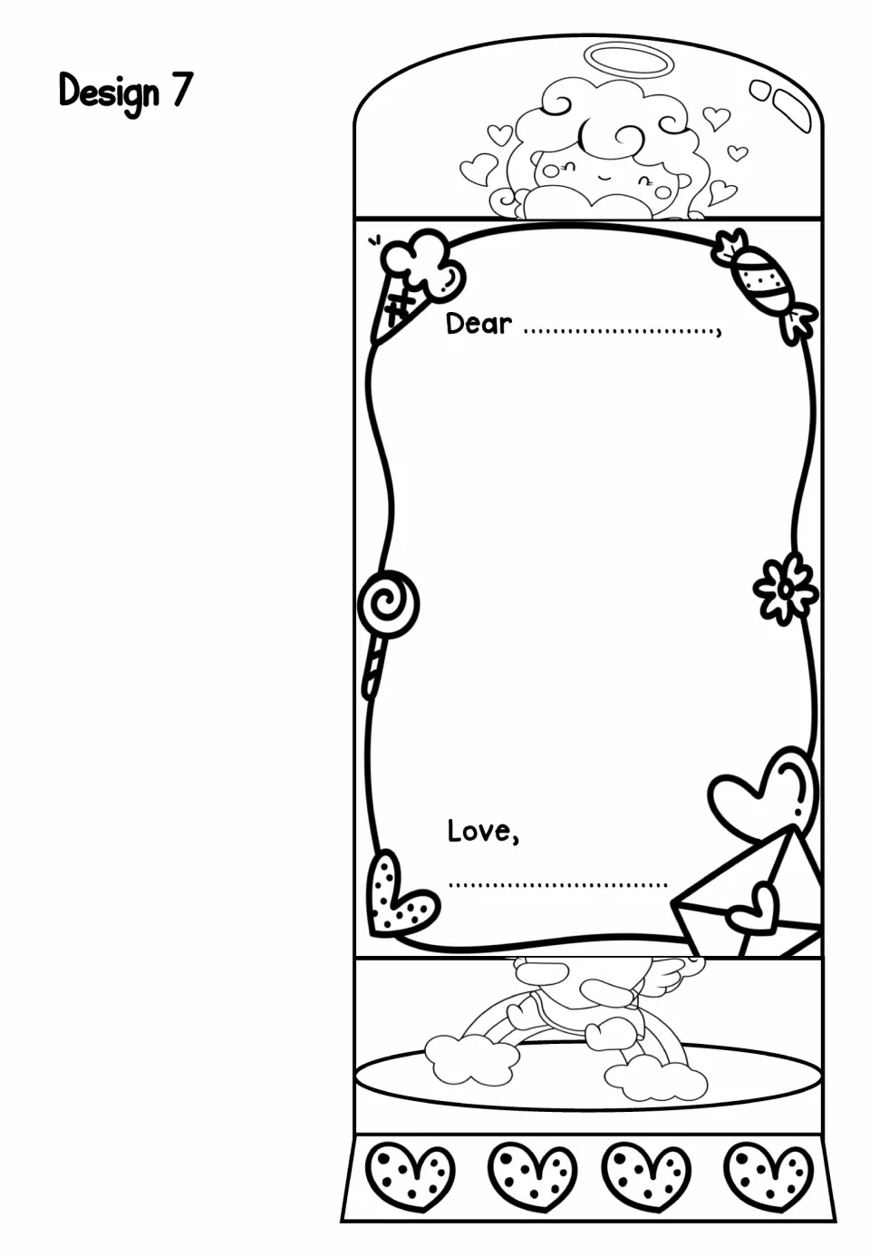 Design 7 foldable card: candy, lollipop and love-letter doodles surround the Dear/Love note; cupid flies over a rainbow