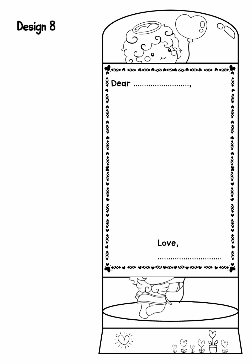 Design 8 foldable card: cupid with a heart balloon, Dear/Love note space, and a sun heart and potted heart flowers below
