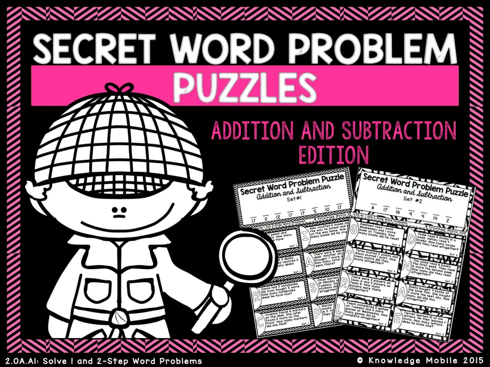 Secret Word Problem Puzzles cover, Addition and Subtraction Edition, showing a detective and two sample puzzle sets