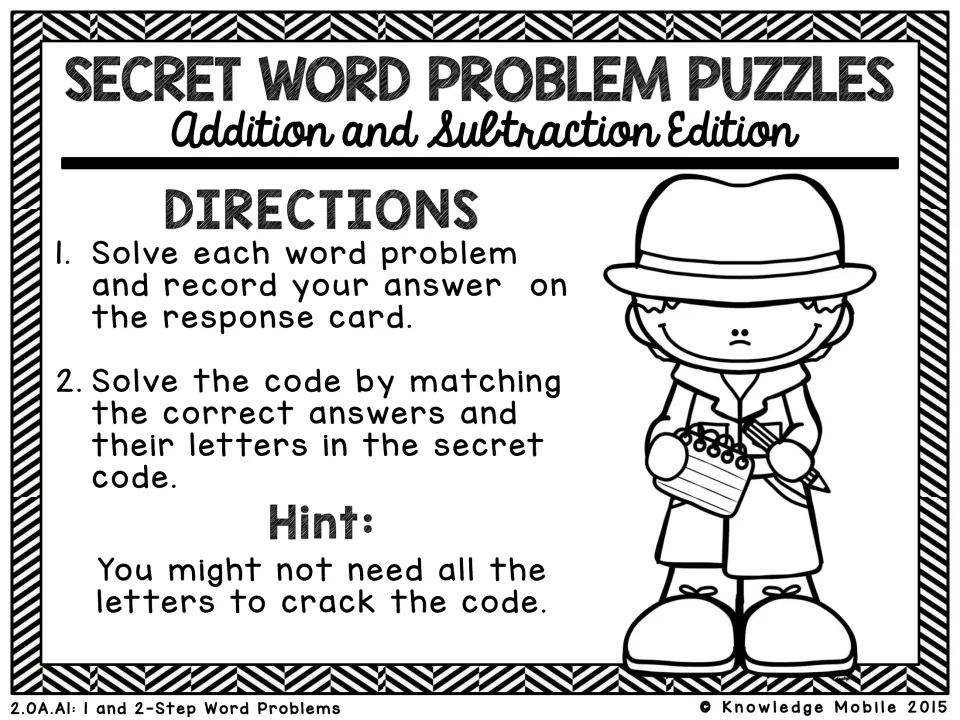 Student directions: solve each word problem, record answers on a response card, then match them to letters in the code