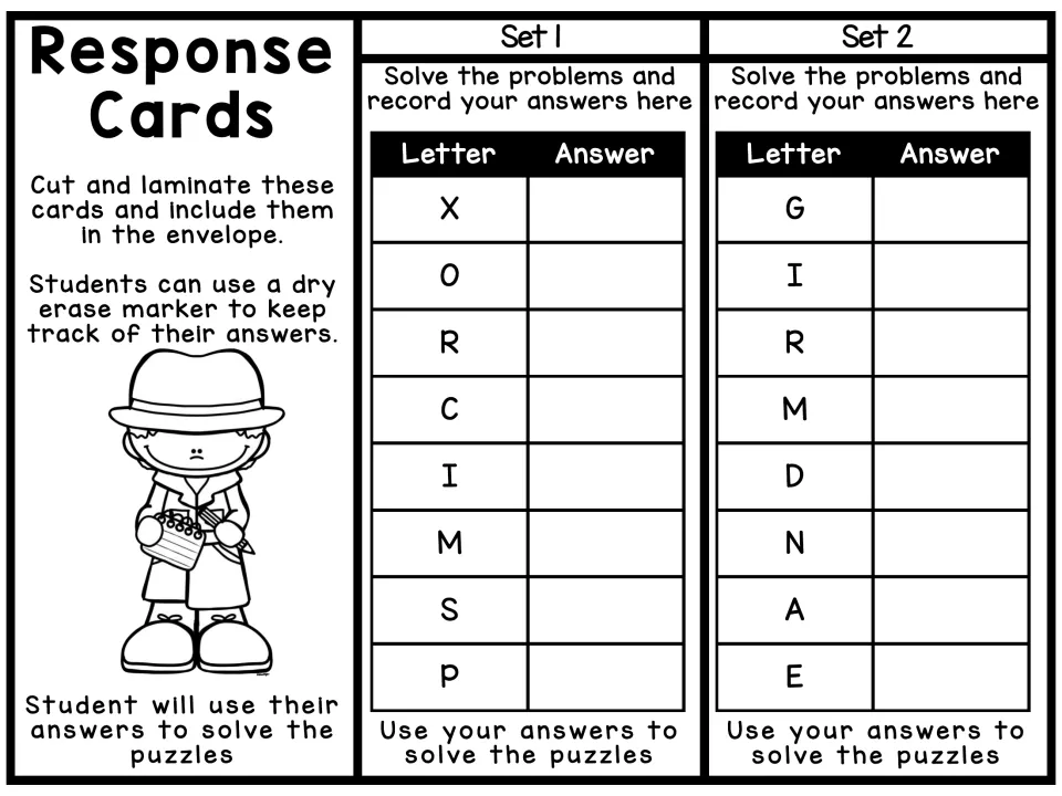 Response cards for Sets 1 and 2: students write each problem's answer beside its letter to use in decoding the puzzle