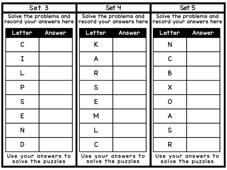Response cards for Sets 3, 4 and 5: letter and answer charts where students record solutions before solving the puzzles