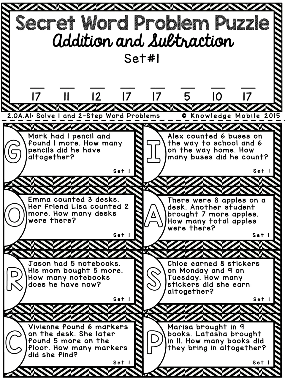 Set 1 addition puzzle: eight lettered word-problem cards about pencils, buses and apples; sums decode an 8-letter word