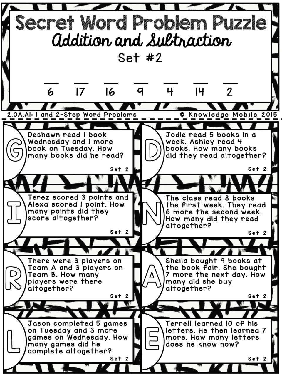 Set 2 addition puzzle: eight lettered cards on books read, points scored and games; answers decode a 7-letter word