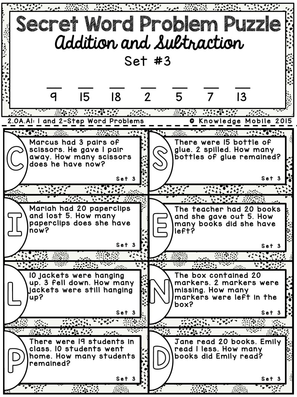 Set 3 subtraction puzzle: eight lettered take-away cards on scissors, glue and jackets; answers decode a 7-letter word