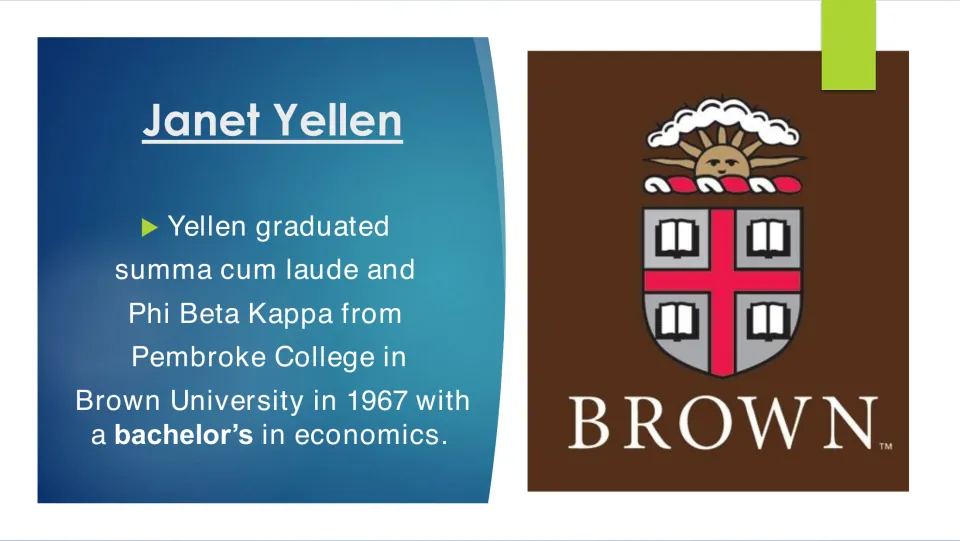 College education slide on Yellen’s 1967 economics bachelor’s degree from Brown’s Pembroke College