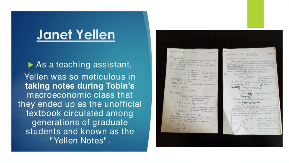 Teaching assistant slide explaining how Yellen’s notes from Tobin’s macroeconomics class became the Yellen Notes