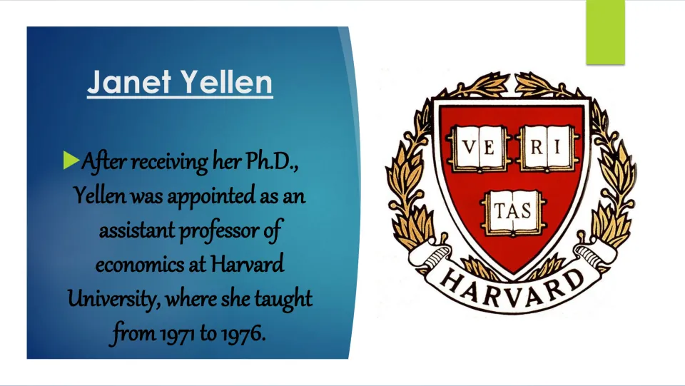 Early career slide describing Yellen’s work as an assistant professor of economics at Harvard from 1971 to 1976