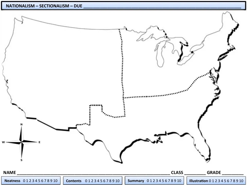 Regional U.S. outline map: students mark the North, South and West sections, with a neatness and summary rubric