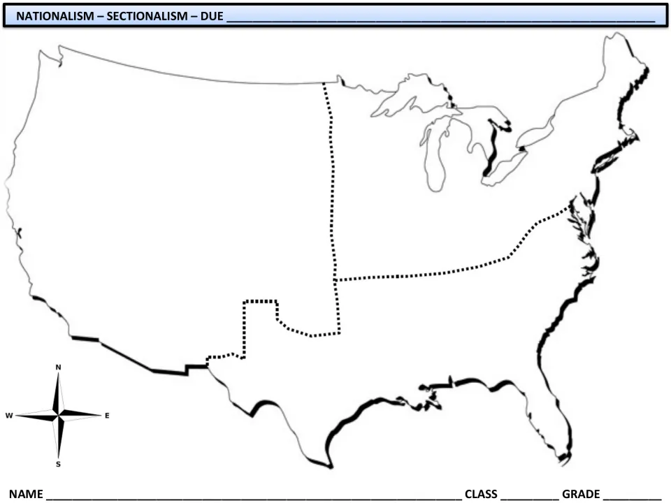 Map of U.S. sections without the rubric, for students to label North, South and West along dotted borders
