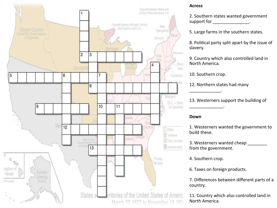 Sectionalism crossword: students solve 13 Across and Down clues on tariffs, plantations, southern crops and parties