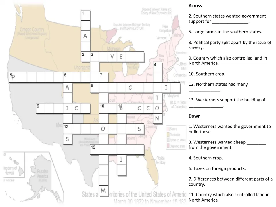 Scaffolded crossword: the same clues with starter letters already placed in the grid to help students solve each word