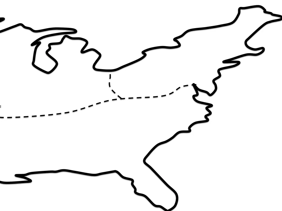 Cut-out piece of the poster map showing the eastern United States with a dashed line dividing the North from the South