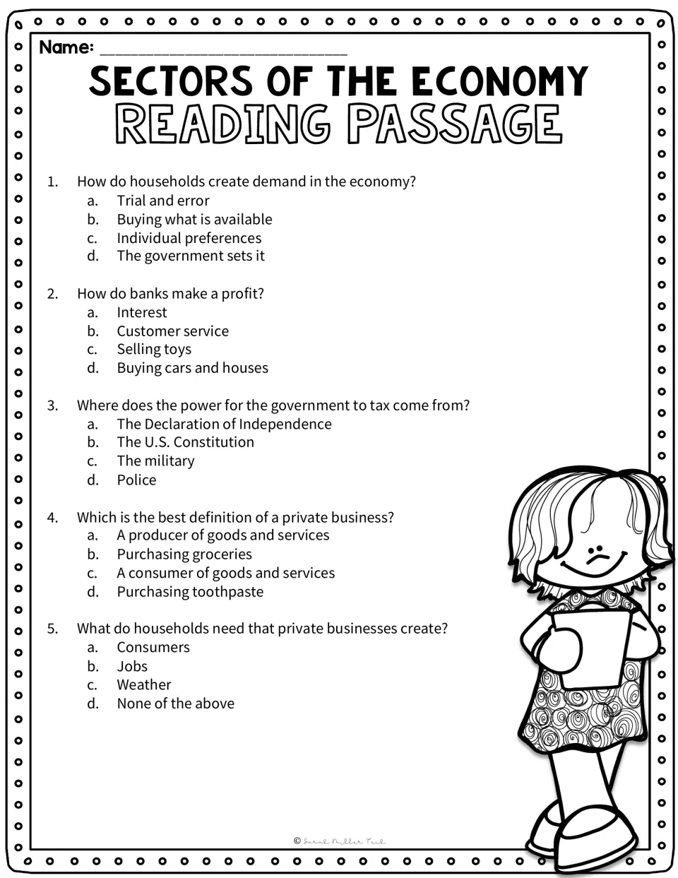 Five multiple-choice reading questions about household demand, bank profits, taxation, businesses, and jobs