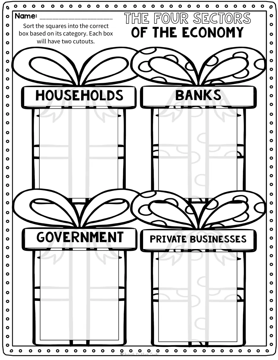 Economy sorting activity: place two cutouts under each sector—households, banks, government, and businesses