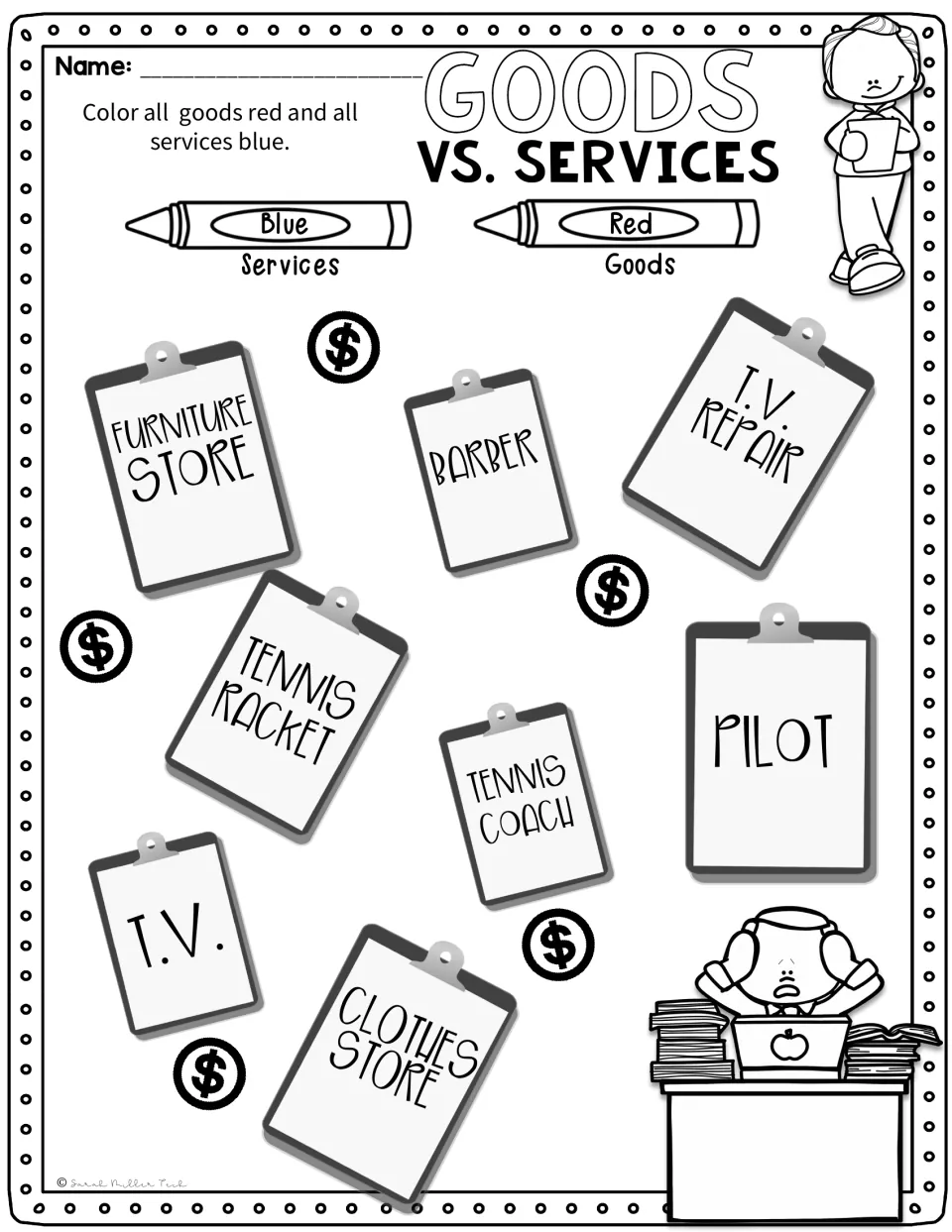 Goods vs. services coloring activity: mark eight examples, including a barber, TV, and tennis racket