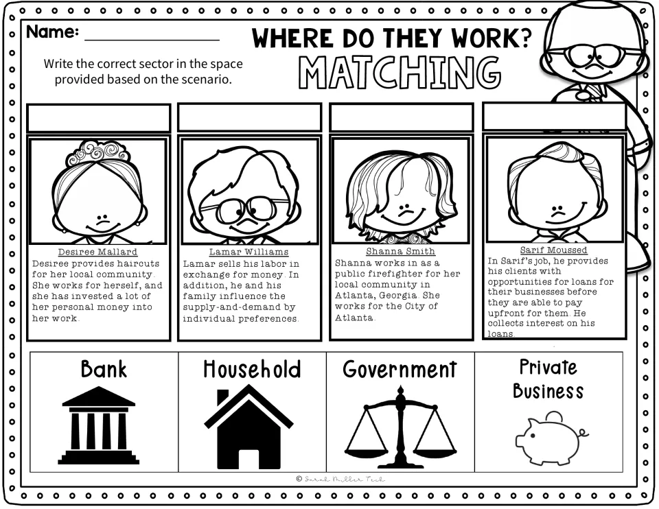 Four economy-sector matching scenarios describe a self-employed haircutter, worker, firefighter, and lender