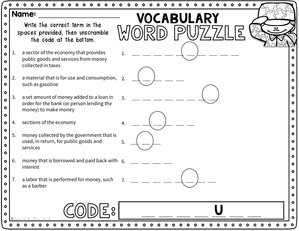 Economy vocabulary puzzle: solve seven clues about government, goods, interest, sectors, taxes, and more