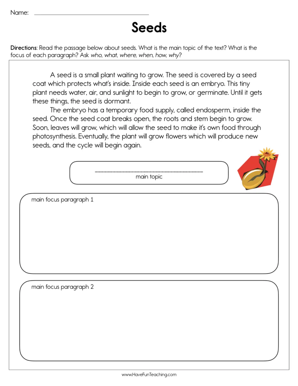 Seeds reading worksheet: two paragraphs on seed parts and plant growth, with main topic and focus prompts