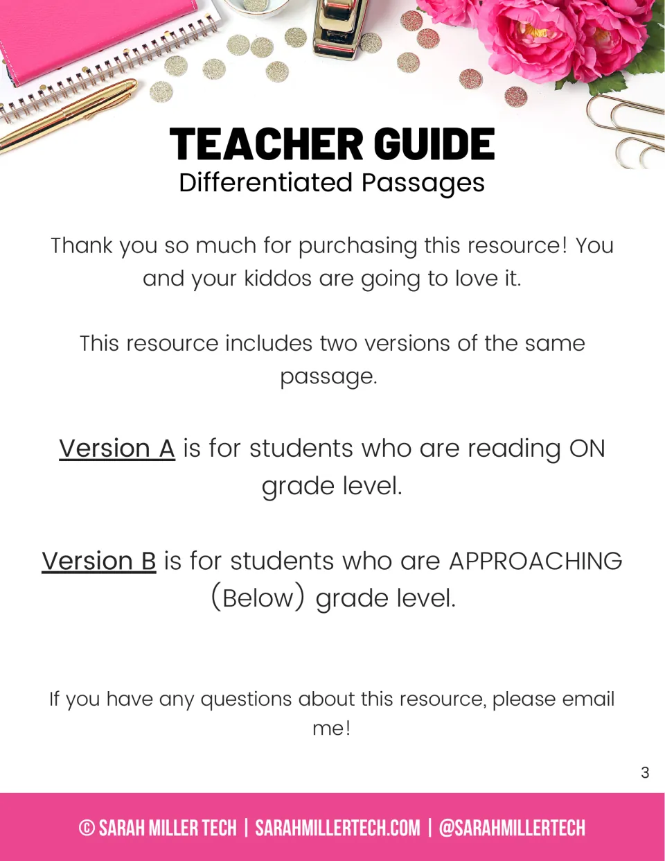 Teacher guide to differentiated passages: Version A for on-level readers, Version B for those approaching grade level