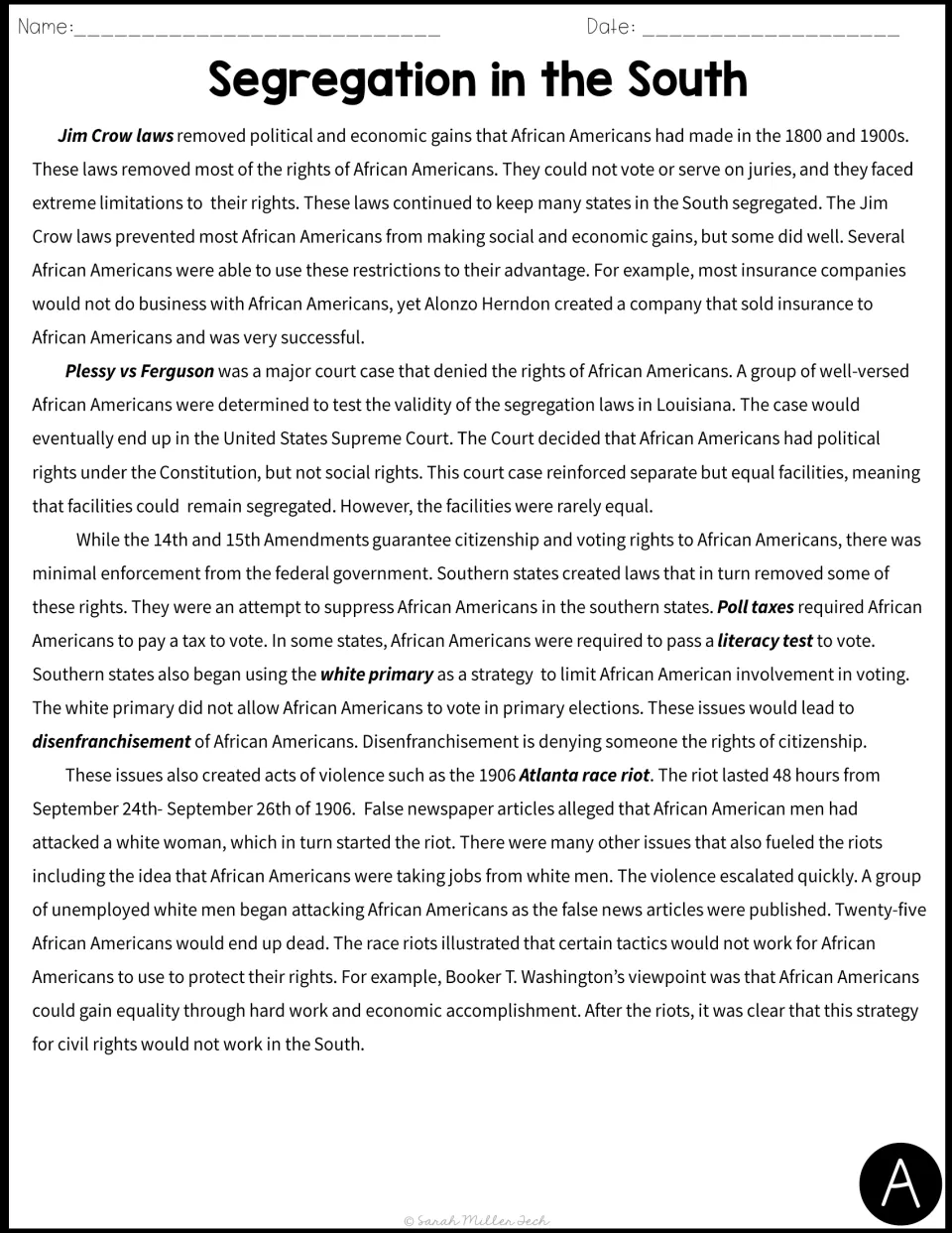 Version A passage: students read about Jim Crow laws, Plessy vs Ferguson, voting barriers and the 1906 Atlanta race riot
