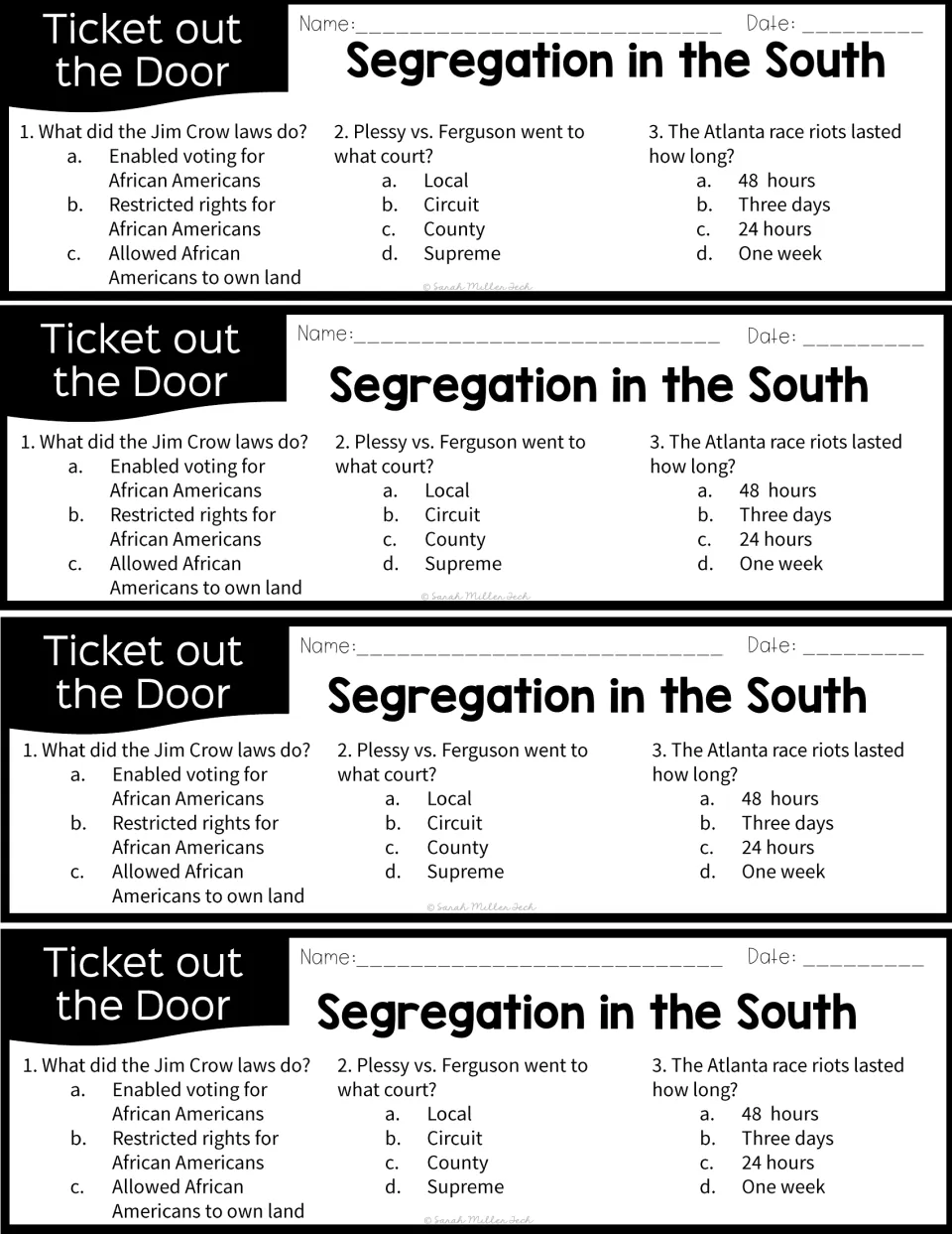 Ticket out the door, four per page: multiple-choice questions on Jim Crow laws, the Plessy court and Atlanta riot length