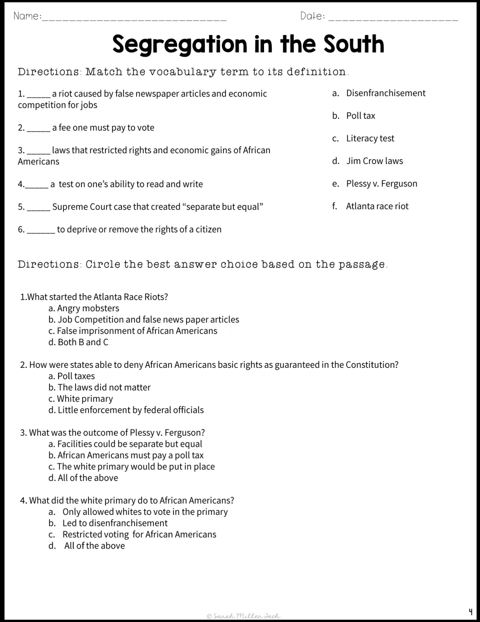 Segregation vocabulary: students match six terms like poll tax to definitions, then answer four multiple-choice questions