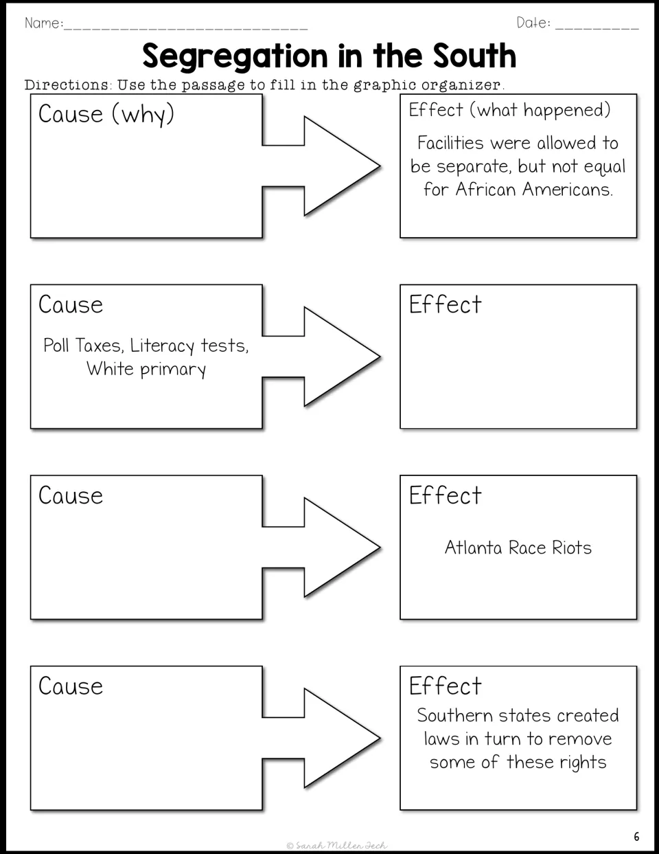 Segregation causes and effects: students use the passage to complete four pairs, e.g. the cause of the Atlanta Race Riots