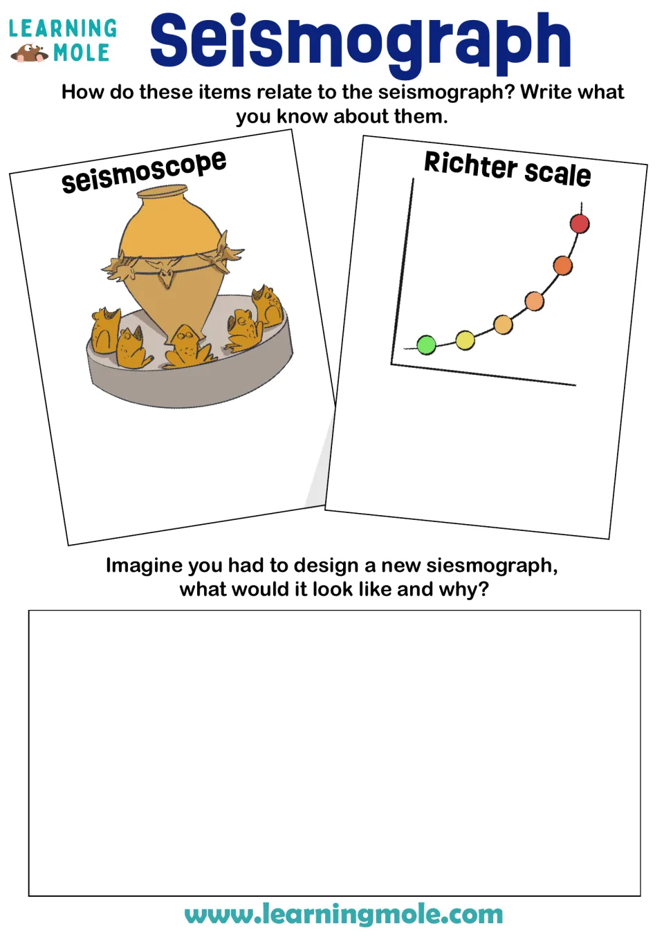 Seismograph: students write how a seismoscope and the Richter scale relate to it, then design a new seismograph