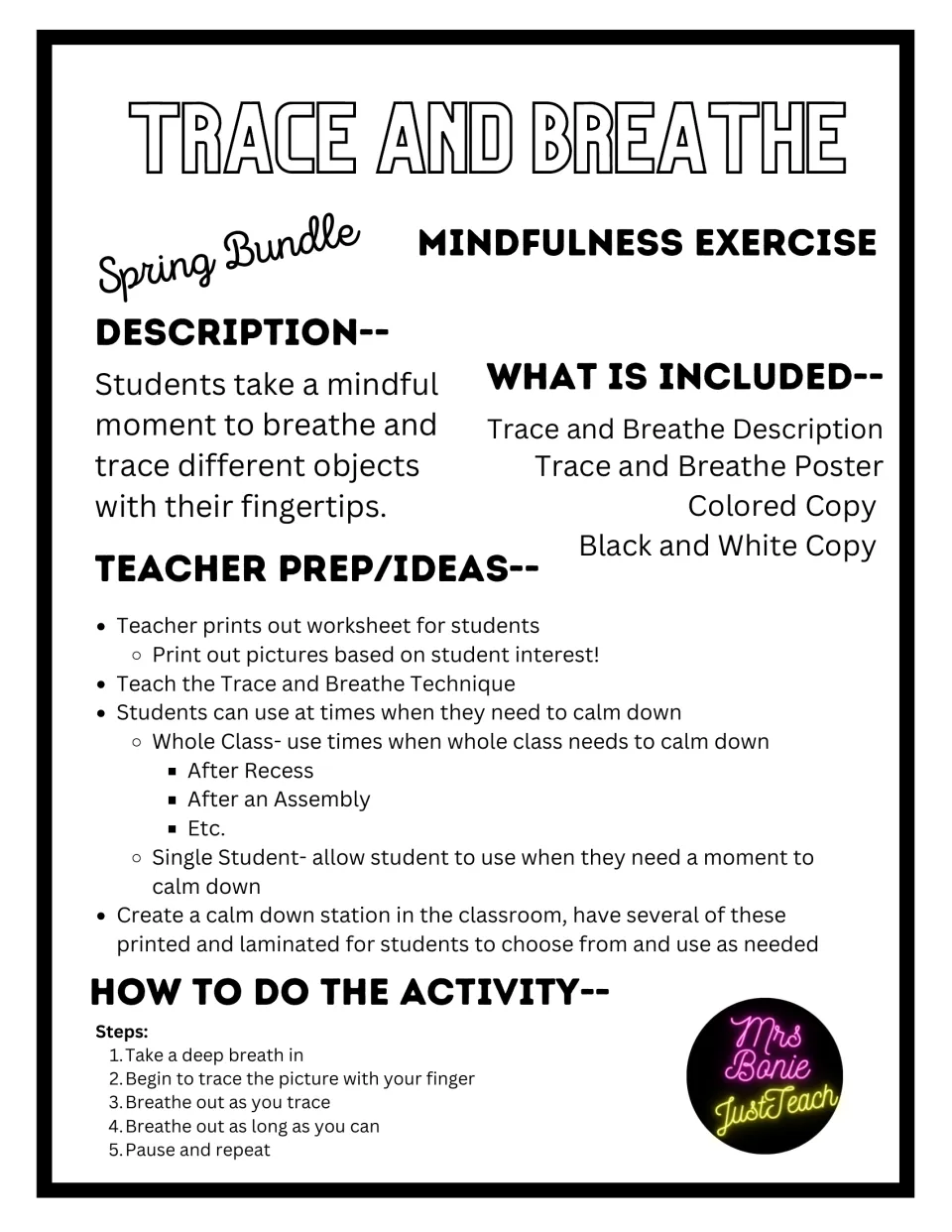 Teacher guide for bunny breathing practice includes preparation ideas, classroom uses, and five activity steps.