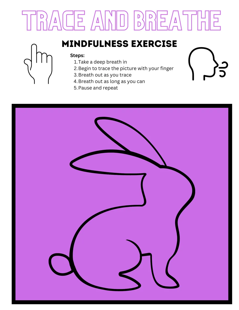 Color bunny tracing sheet pairs a rabbit on purple with five steps for breathing while tracing with a finger.
