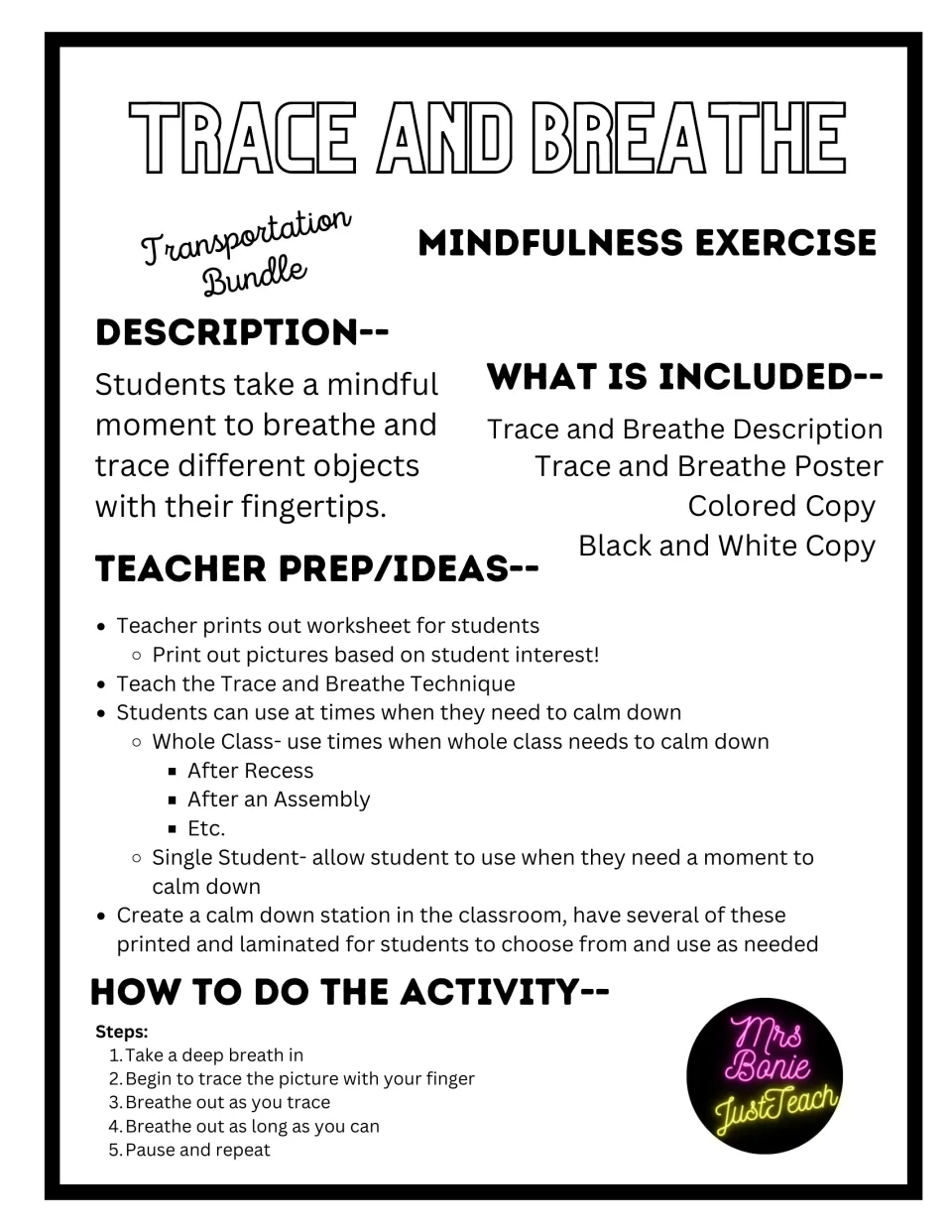 Teacher guide for car tracing and breathing, with preparation ideas, included materials, and five steps