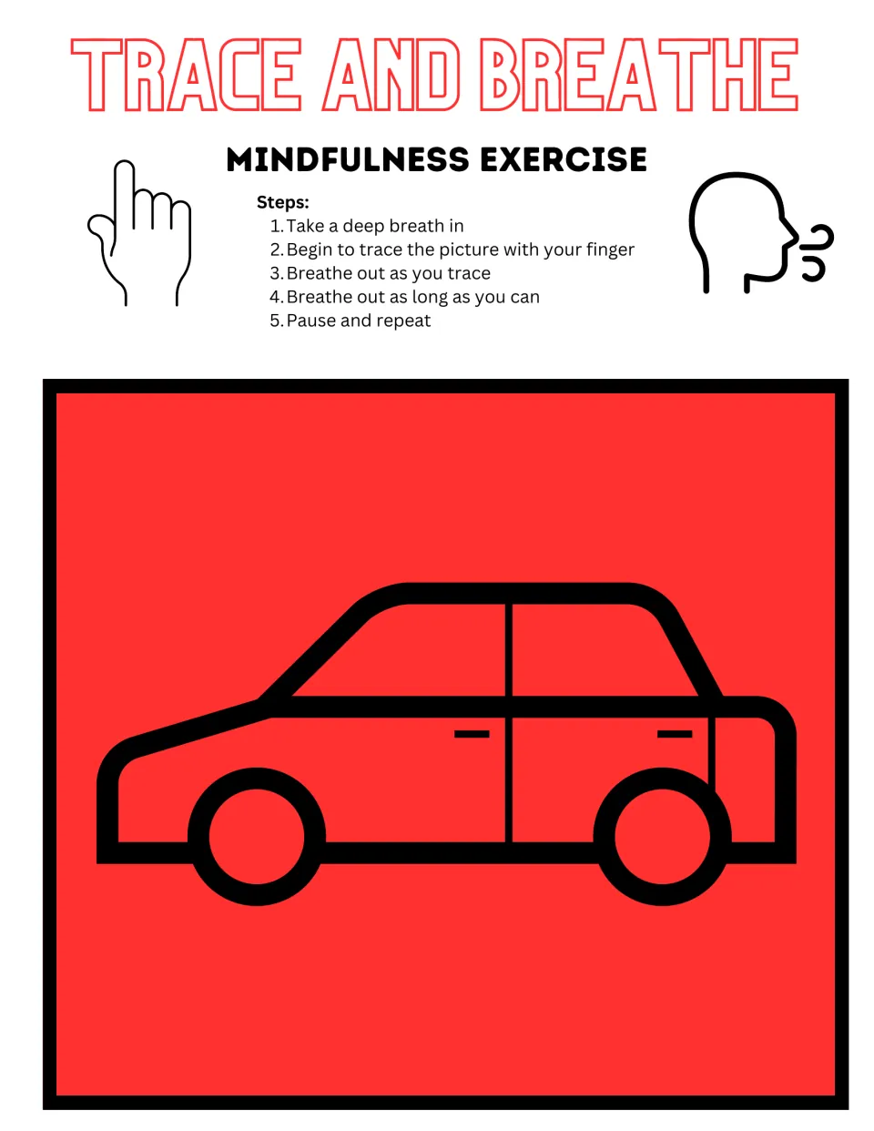 Color car tracing activity with a red background and five directions for breathing while finger tracing