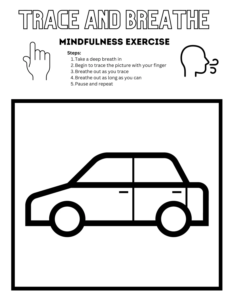 Black-and-white car tracing activity with five directions for breathing while tracing with your finger