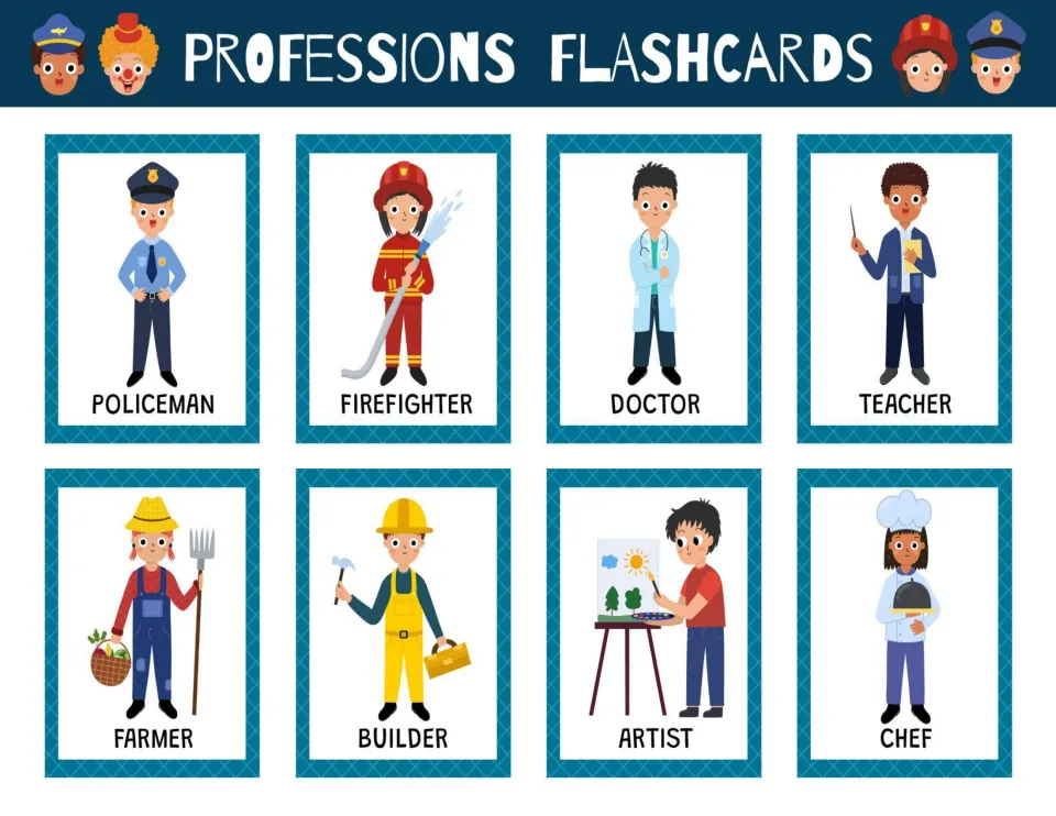 Color career flashcards: policeman, firefighter, doctor, teacher, farmer, builder, artist, and chef.