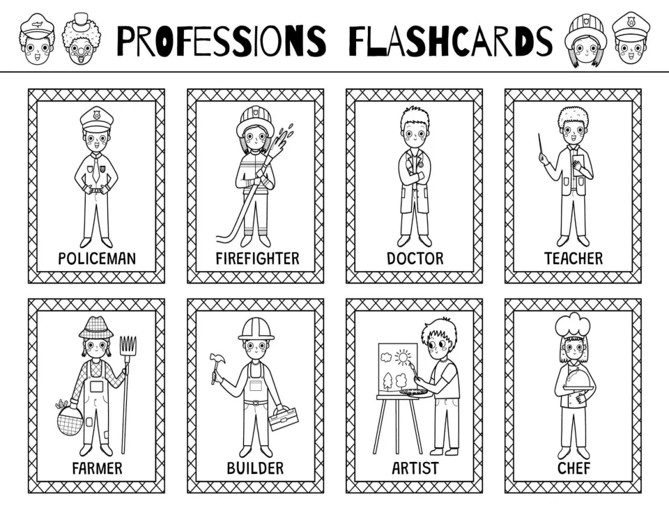 Black-and-white career flashcards: policeman, firefighter, doctor, teacher, farmer, builder, artist, and chef.
