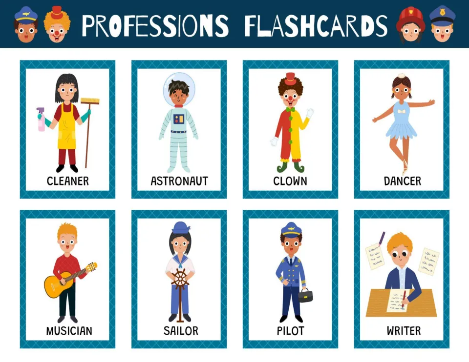 Color career flashcards: cleaner, astronaut, clown, dancer, musician, sailor, pilot, and writer.