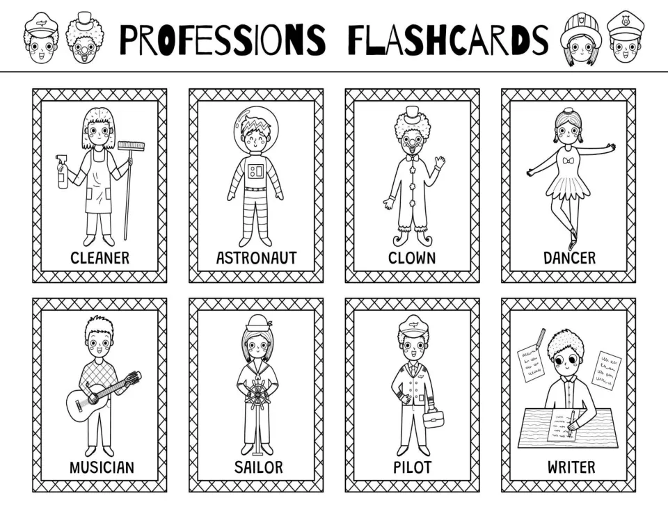 Black-and-white career flashcards: cleaner, astronaut, clown, dancer, musician, sailor, pilot, and writer.