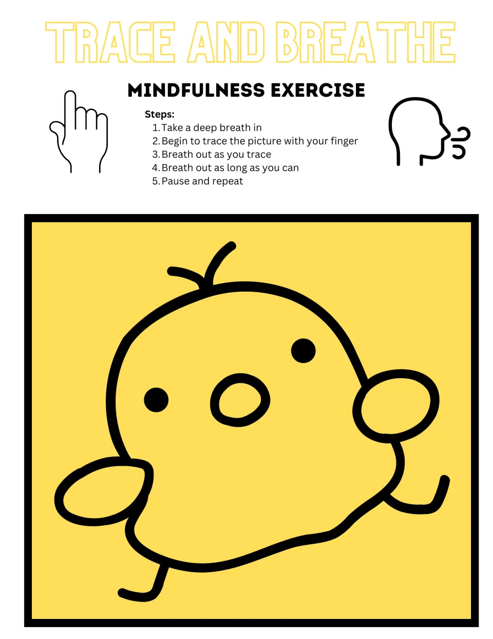 Color chick tracing activity with five directions for breathing in, tracing with a finger, and breathing out